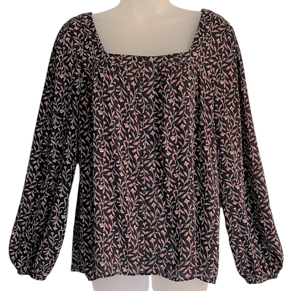 Ann Taylor Loft Floral Square Neck Long Sleeve Lightweight Blouse Top Size Med